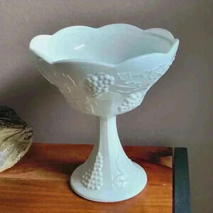 White Milk Glass Pedestal Bowl 8" tall with Embossed Grapes & Leaves Pattern